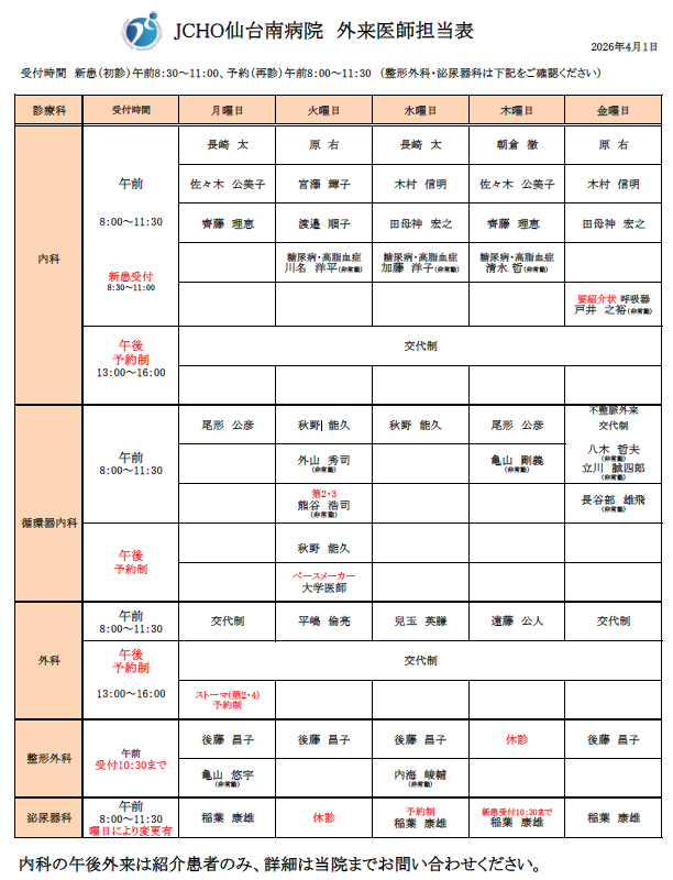 外来医師担当表