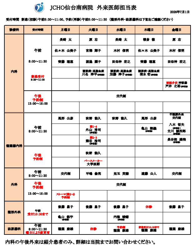 外来医師担当表